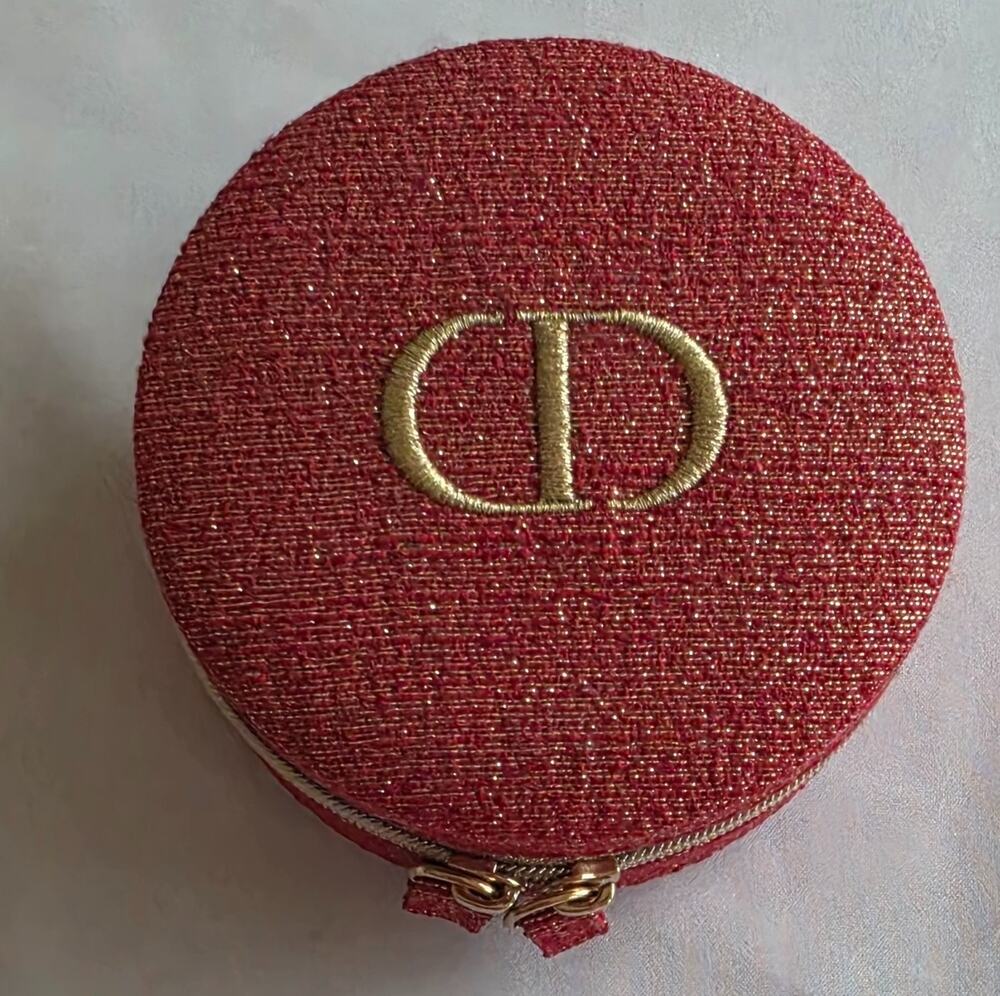 Dior Beauty Red Gold CD Round Jewelry Vanity Case Pouch New Unused